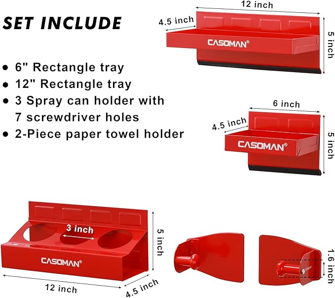 CASOMAN 4PCS Red Magnetic Toolbox Shelf, Tray, Paper Towel Holder, Variety of Use, Durable, Magnets Any Metal Surface