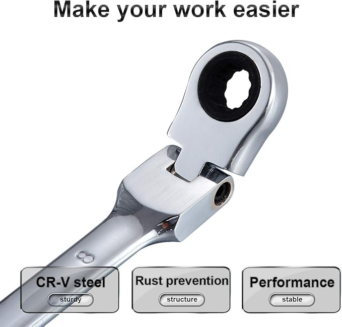KATUR 8mm Ratcheting Wrench Set Flexible Pivoting Head Ratchet Combination Spanner Wrench Chrome Vanadium Steel Metric Tool (8mm)