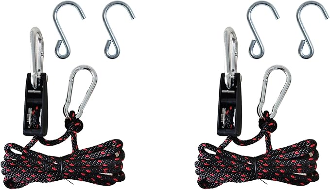 Rope Tie Downs, 1/4" (6mm) Adjustable Ratchet Straps(2pcs, 12ft/Pack), Rope Pulley System for Kayak Fixation, Freight Transportation, Trucks, Tents, Hanging Plants and Various Tie-Down Uses