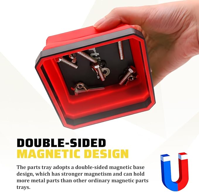 Collapsible Magnetic Car Parts Tray, Foldable Silicone Tool Tray with Magnetic Base, Double-Side Magnet Bowl for Auto Bolts, Screws, Nuts, Small Metal Parts, Universal Fit (Red)