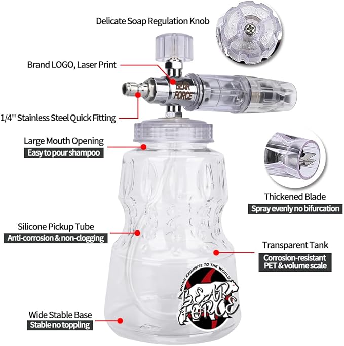 BEAR FORCE Pressure Washer Aluminium Foam Cannon Generator Snow Lance with 1/4" Quick Connector & 1.25mm & 1.10mm Orifice Nozzle for Portland, Husky, Ryobi, Greenworks