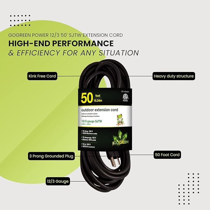 Go Green Power Inc. (GG-14050BK) 12/3 SJTW Outdoor Extension Cord, Black, 50 ft