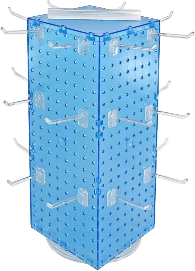Azar Displays 703385-BLU-4C24, Four-Sided Revolving 8" W x 20" H Pegboard Counter Display w/ 24 Hooks- 4” Length, Blue
