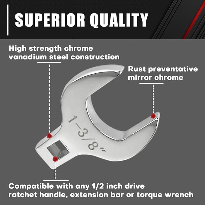 C&T 14-Piece 1/2” Drive Jumbo Crowfoot Wrench Set, SAE Sizes from 1-1/16" to 2" with Storage Tray,Chrome Vanadium Steel and Fully Polished Chrome Finished