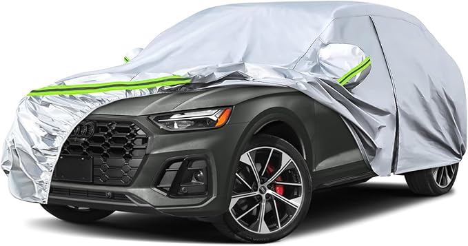 Waterproof Car Covers Replace for 2009-2025 Audi Q5/SQ5, 6 Layers Silver All Weather Custom-fit Car Cover with Zipper Door & Windproof Bands for Snow Rain Dust Hail Protection