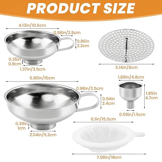 6Pcs Stainless Steel Canning Funnels Set, Wide Mouth Food Canning Funnels for Regular Mason Jar, Kitchen Large Cannin-g Supplies Kit for Filling Bottle(Color:Silver)