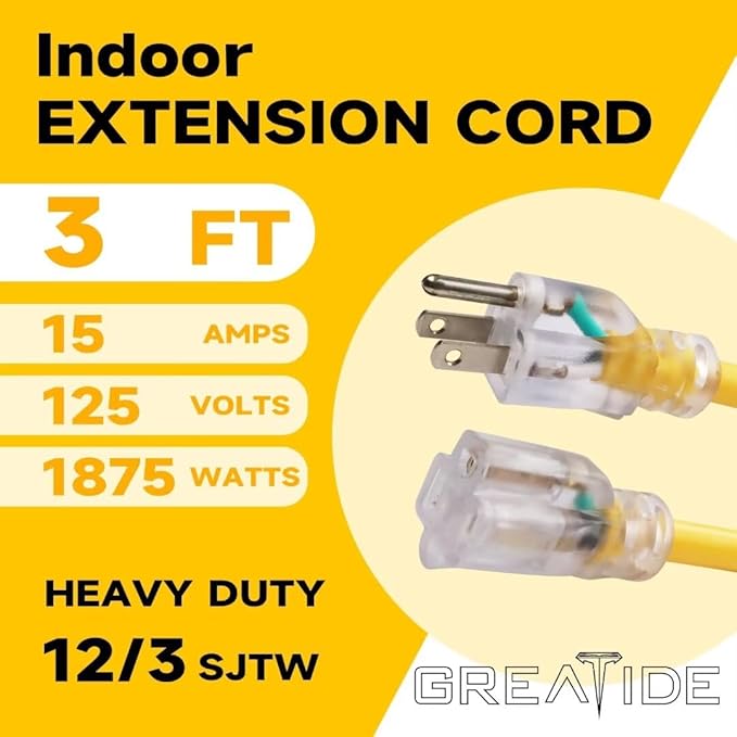 Indoor Extension Cord with Lighted End, 12 Gauge Heavy Duty 3 FT, 3 Prong Grounded 15 Amp Extension Cord, 12/3 SJTW Power Cord for Garage, Garden, Appliance, UL Listed, Yellow