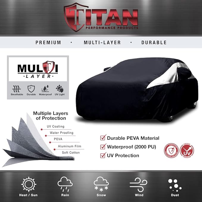 Titan Premium Multi-Layer PEVA Car Cover for Sedans 186-202". Waterproof, UV Protection, Anti-Scratch Protective Lining, Driver-Side Zippered Opening. Fits Camry, Accord and More.