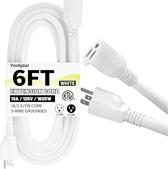 16/3 White Indoor Outdoor Extension Cord 6 Ft Waterproof, Extension Cord with 3 Prong Grounded Plug,13A 1625W 16AWG SJTW, Flexible Weatherproof Power Cable