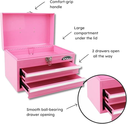 Apollo Tools 14 Inch Steel Tool Box with Deep Top Compartment and 2 Drawers in Heavy-Duty Steel With Ball Bearing Opening and Powder Coated Finish - Pink Ribbon - Pink - DT5010P
