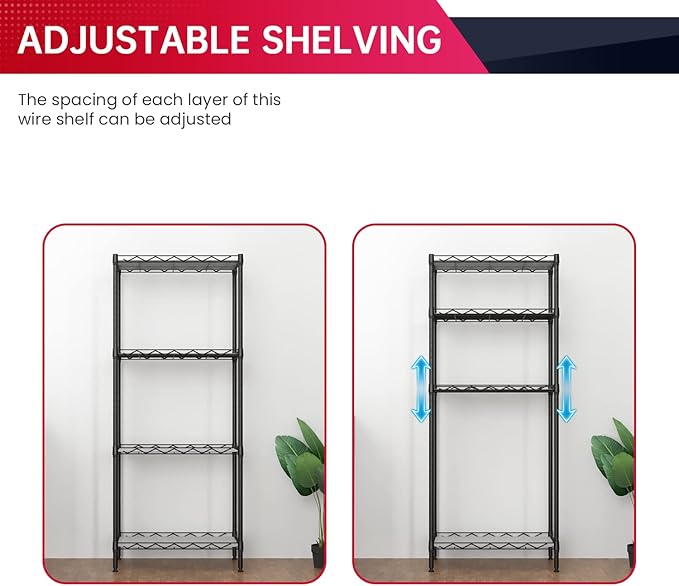 BestOffice 4-Shelf Adjustable Storage Shelving Unit Metal Rack Wire Shelf 600Lbs Capacity with 4 PP Sheets 18L x 12W x 44H for Laundry Bathroom Kitchen Garage,Black