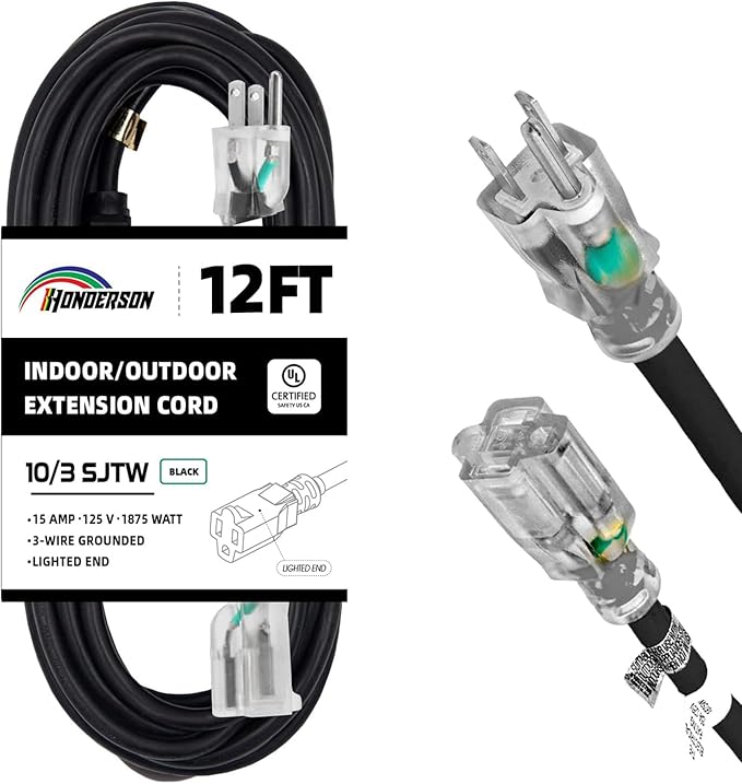 Indoor Outdoor Extension Cord Weatherproof with Lighted End, UL Certified, 10 Gauge 12FT Black 3 Prong Heavy Duty, 10/3 SJTW 15A Power Cord for Outdoor Lights, Lawn