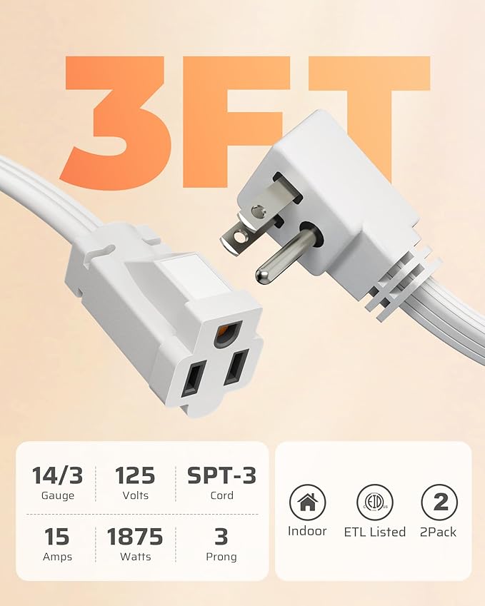 DEWENWILS 3FT Extension Cord with 3-Prong Flat Plug, 15A/1875W 14/3 SPT-3 Flat Wire, Space Saving for Home Office Appliances & Electronics, ETL Listed, 2 Pack, White