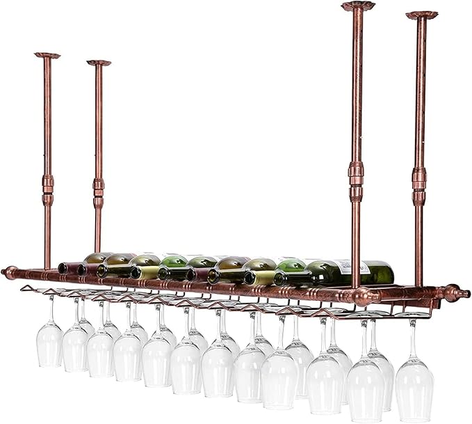 2-in-1 Industrial Wine Rack, 47.3" Adjustable Metal Pipe Wine Bottle Storage Rack with Glass Holders & Shelf, Space-Saving Vertical Installation for Kitchen Bar, Brown