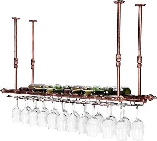 2-in-1 Industrial Wine Rack, 47.3" Adjustable Metal Pipe Wine Bottle Storage Rack with Glass Holders & Shelf, Space-Saving Vertical Installation for Kitchen Bar, Brown