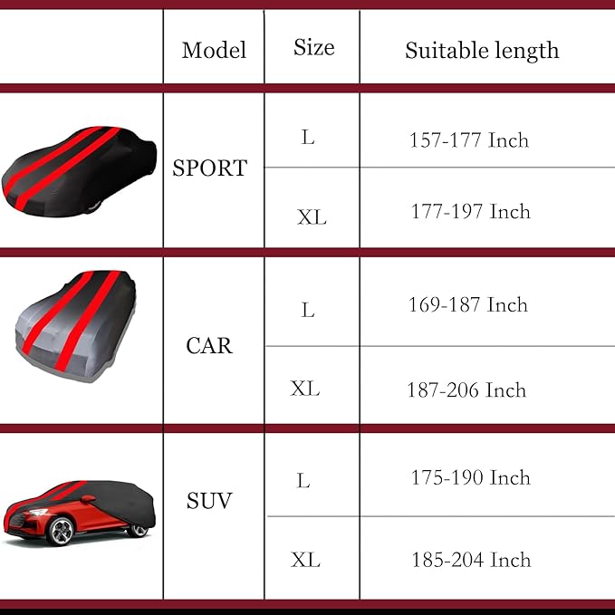 Indoor Car Cover Compatible with Protection Fit 157-177 Inch Sports Breathable Dust-Proof Stretch Cover for Underground Garage, Car Show（Black+Red）