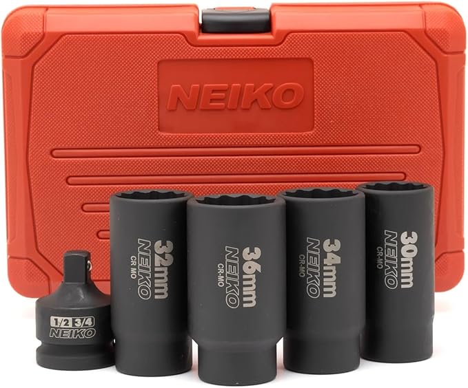 NEIKO 02530A 5 Piece 12 Point Socket Set 1/2” Drive, Lug Nut Remover, Spindle Nut Socket, Axle Nut Socket Set, Metric 30mm - 36mm Socket 1/2 Drive Impact Set, Cr-Mo Impact Adapter, 3/4" - 1/2” Reducer