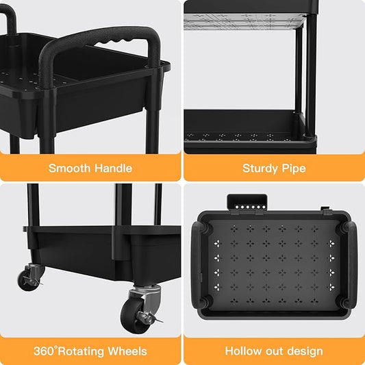 4 Tier Rolling Utility Cart with Handle,REBECAT Utility Cart Made of Multifunctional Storage Organizer Tool for Kitchen,Bathroom,Living Room,Office(Black)