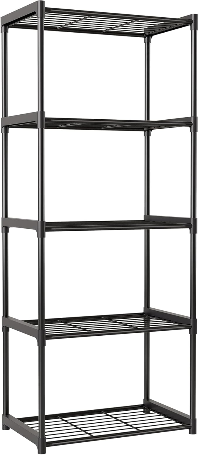 5-Tier Storage Shelves with Plastic Connectors – Metal Shelf Organizer for Pantry, Closet & Bathroom, Space-Saving Sturdy Shelving Unit Rack, Black, 17.3" x 12.8" x 56.7"
