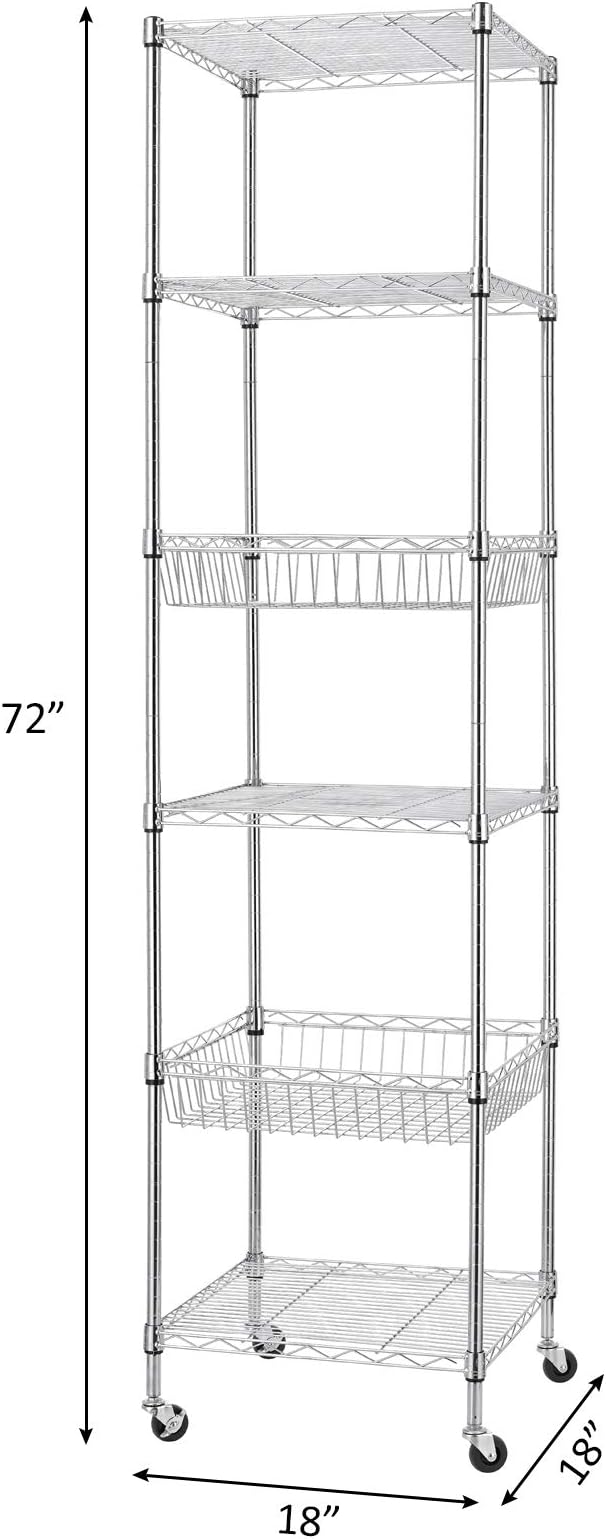 Finnhomy Heavy Duty 6 Tier Wire Shelving Unit with Wheels 18x18x72-inches 6 Shelves Storage Rack Thicken Steel Tube, Adjustable Shelving Rack for Kitchen Bathroom Office, NSF Certified, Chrome