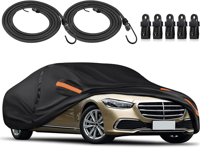 KEYOOG Car Cover Waterproof All Weather Fit for 2006-2023 MERC-edes Benz S Series S400 S550 S63 AMG, 600D Oxford Cloth Heavy Duty, Sun Hail Protector Seal Skin Outdoor Car Covers with Door Zipper