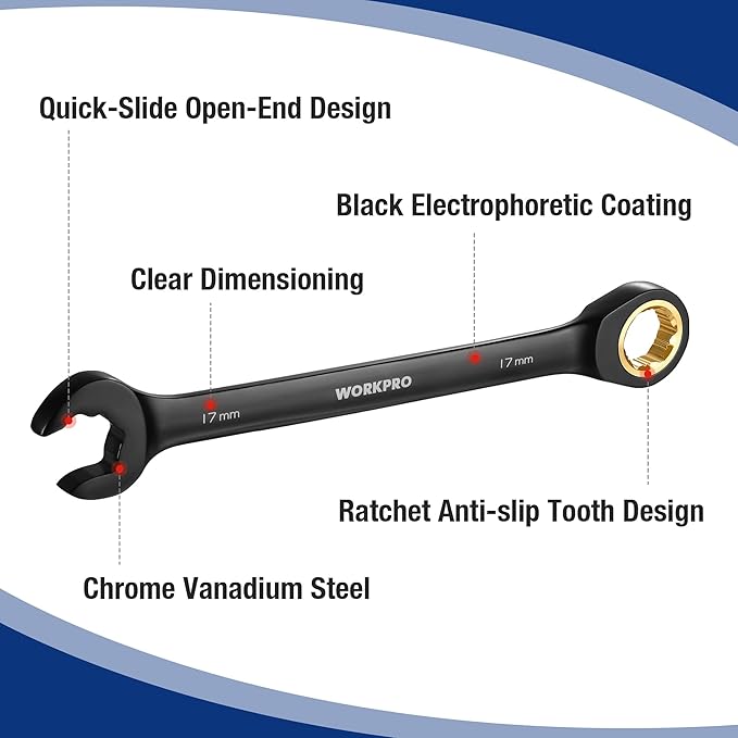 WORKPRO Upgraded 8-piece Anti-Slip Ratcheting Combination Wrench Set with Quick-Slide Open End, 72-Teeth, Cr-V Constructed, Black Metric Wrenches Set with Roll Up Pouch, 8mm-17mm