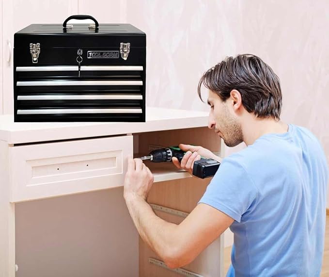 Metal Tool Box with 4 Drawers Portable Steel Tool Chest with Metal Cylinder Lock and Latch Closure, liner, Black and Red two color Powder coating, suitable for Garage, Warehouse and Outdoor Repair job