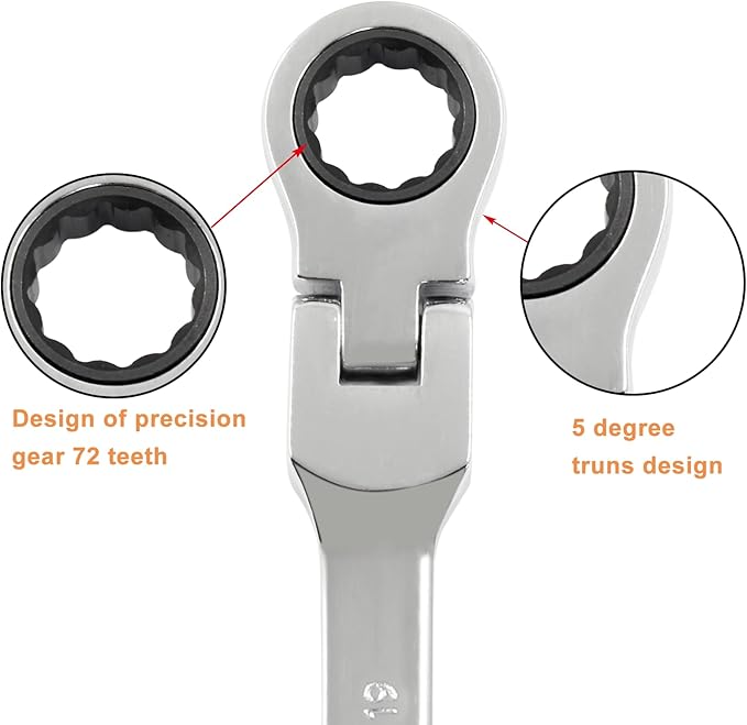 Piutouyar 19mm Flex-Head Ratcheting Wrench, Professional Metric Ratchet Wrench Combination Wrench Box Ended Spanner Tool for Projects Repair(5° Movement and 72 Teeth 12 Point, CR-V)