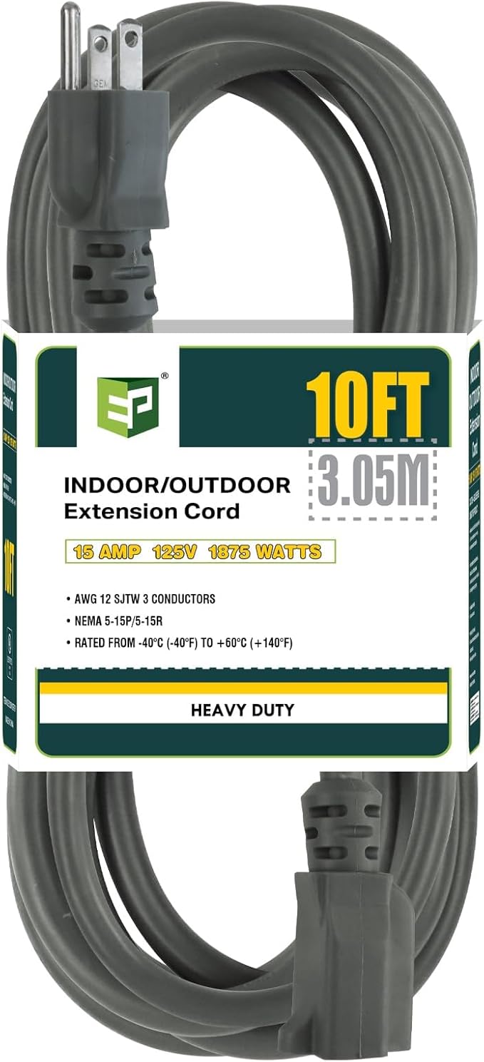 EP 12/3 10 FT Indoor Outdoor Grey Extension Cord Waterproof, 12 Gauge 3 Prong Power Cord Flexible Resistant Appliance Extension Cable Electric Cable Outside, 15A 1875W 12AWG SJTW, ETL Listed