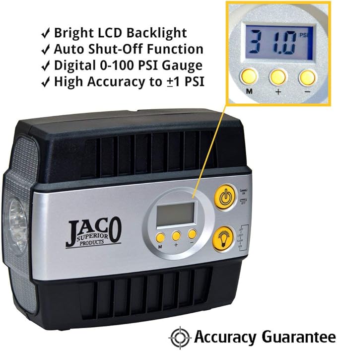 JACO SmartPro 12V Tire Inflator Air Compressor - Portable Automatic Digital Tire Pump (12-volt DC)