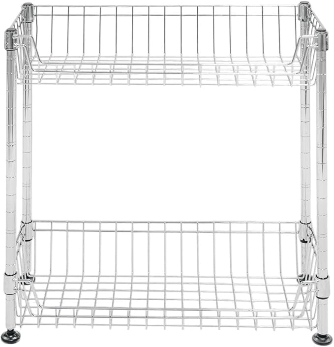 Shelving Inc. 8" d x 18" w x 18" h 2-Tier Chrome Wire Basket Rack, Everyday Shelving, Weight Capacity 65 lbs Per Shelf