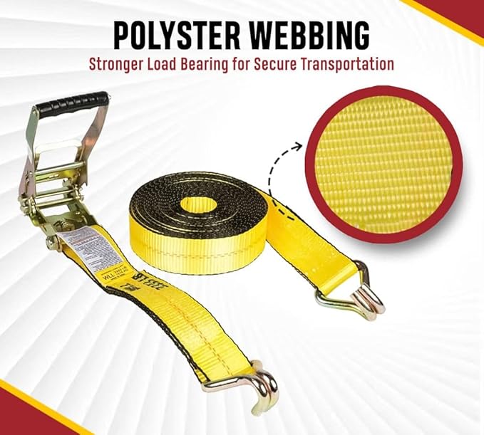 Mytee Products 2 Inch x 50 FT Heavy Duty Ratchet Straps with Double J Hooks | 10,000 lbs. Breaking Strength Yellow Tie Down Straps w/Wire Hooks for Industrial Use, Trailers, Truck & Cargo.