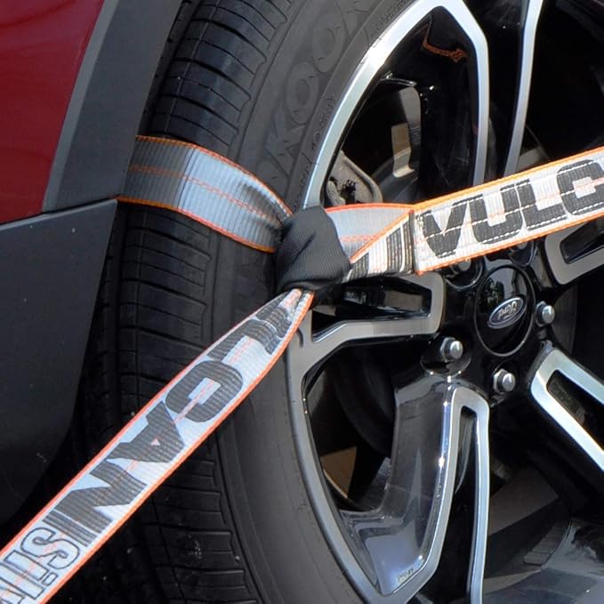 VULCAN 8-Point Roll Back Vehicle Tie Down Kit with Snap Hook on Strap Ends and Chain Tail on Ratchet Ends - Set of 4 - Silver Series