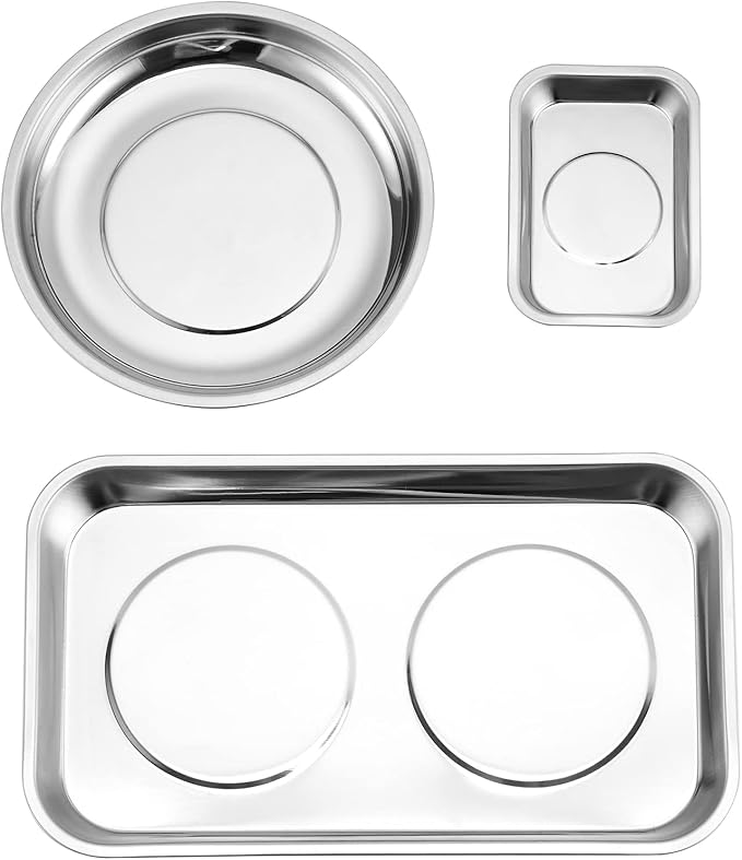 Mayouko 3PCS Magnetic Parts Tray Set, Stainless Steel Dish Holder, for Screw, Nuts, Bolts, Small Parts, Round Rectangular Magnetic Parts Dish