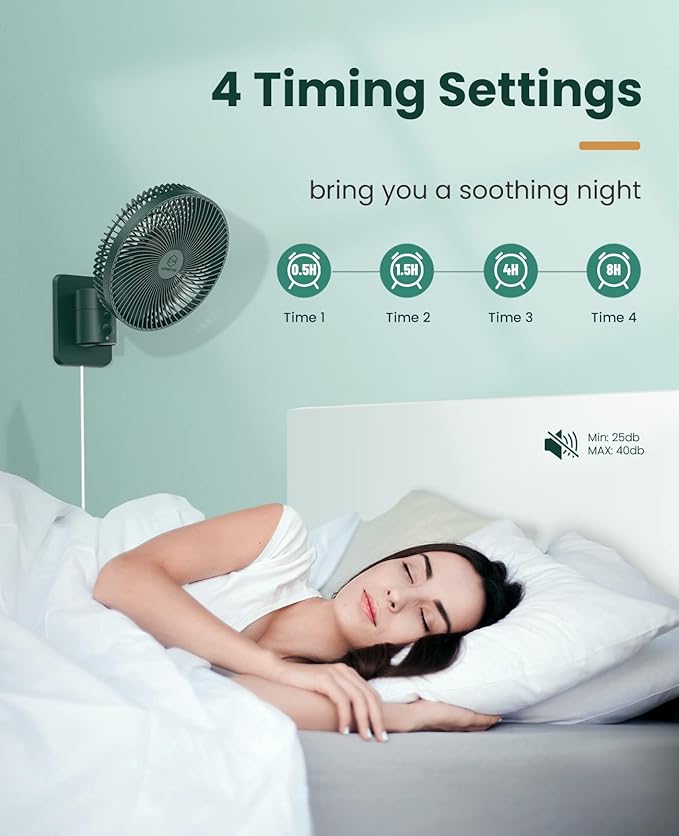 LEMOISTAR 8 Inch Small Wall Mounted Fan with Remote Control, 90° Oscillating, 4 Speeds High Velocity, Timer, Adjustable Tilt, 70 Inch Cord, Quiet, for RV Bedroom Home Office Garage-Green&Black