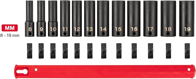 TEKTON 3/8 Inch Drive Deep 6-Point Impact Socket Set with Rail, 12-Piece (8-19 mm) | SID91103