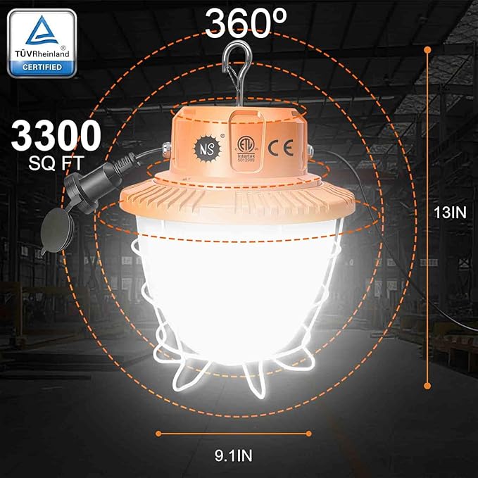 150W Temporary Work Light 360° Area 37500LM 5000K Light for Jobsite, IP65 Hanging Work Light with Hook, 3300 sq.ft Coverage Portable Construction Light for Garage Warehouse Workshop