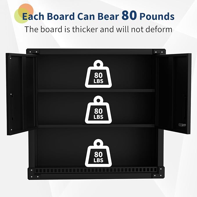 Heavy Duty Steel Garage Wall Cabinet, Floating Hanging Storage Organizer with Shelves & Locks, for Workshop, Warehouse, Kitchen, Black