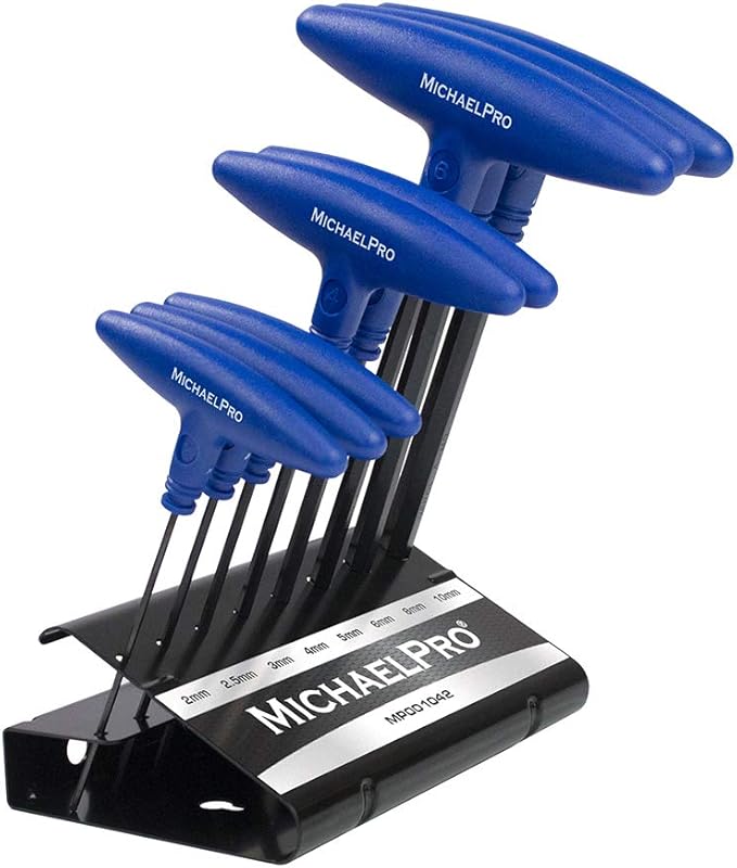 MichaelPro 8-Piece T-Handle Ball End Allen Wrench Set, Metric Hex Key Set (2mm-10 mm), CR-V Steel, Ball End Design for Tight Space Flexibility, Storage Stand Included (Metric, Blue) - MP001042