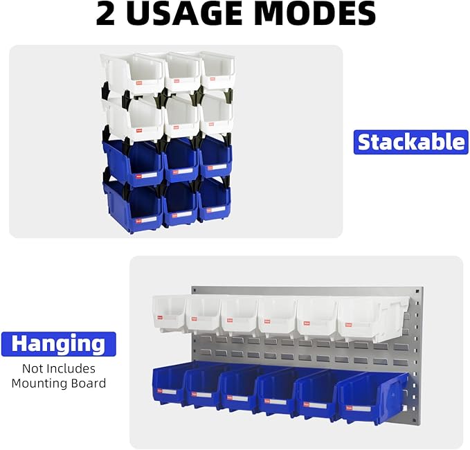 Stackable Storage Bins 12 Pack (11x5x5 Inch), Plastic Stackable Storage Organizer Bins Wall Mounted Hanging Samll Parts Bin for Garage, Workbench & Office (Blue & Red)