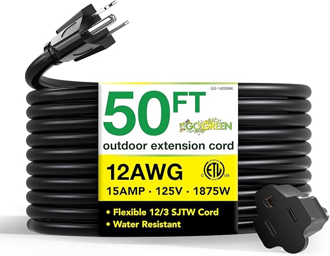 Go Green Power Inc. (GG-14050BK) 12/3 SJTW Outdoor Extension Cord, Black, 50 ft