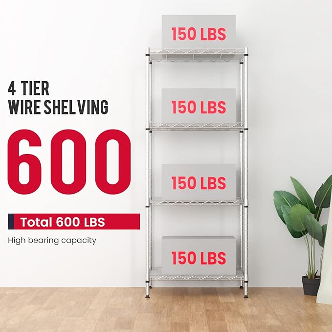 BestOffice 4-Shelf Adjustable Storage Shelving Unit Metal Rack Wire Shelf 600Lbs Capacity with 4 PP Sheets 18L x 12W x 44H for Laundry Bathroom Kitchen Garage,Chrome