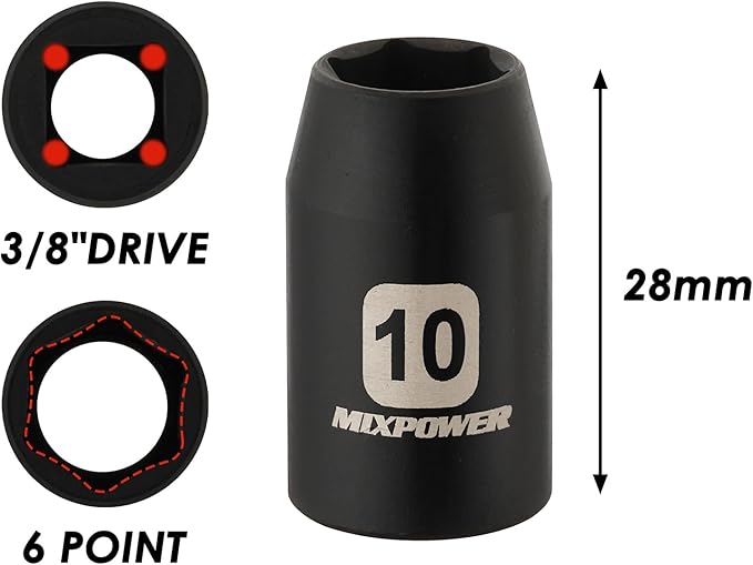 MIXPOWER 6PCS 3/8"Drive 10mm Deep&Shallow Socket, 6 Point & 12 Point, CR-V, Metric, Black Phosphate Finish…