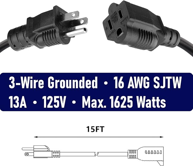 BELLLIGHTS 2-Pack 15ft Extension Cord 16 SJTW AWG Heavy Duty 3 Prong Power Cord