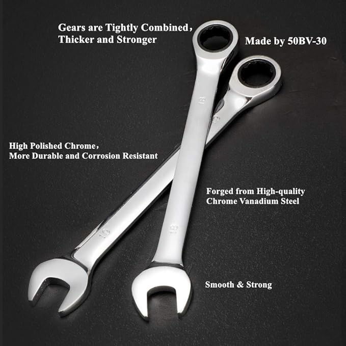 22-Piece Ratcheting Wrench Set，Metric & SAE Chrome Vanadium Steel Hand Combination Wrench Spanner with Portable Carrying Bag (Ratchet Wrench)
