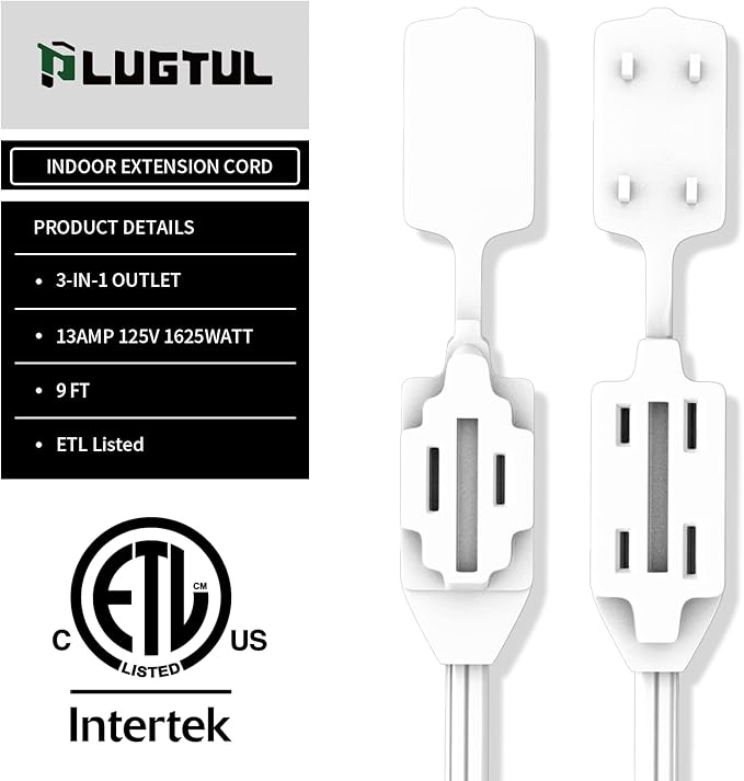 PLUGTUL Indoor White Extension Cord 9 Feet, 3-Outlet Household Extension Cord, 2 Prong, 16 Gauge, 3 Polarized Outlets with Safety Cap Protect for Home Office, 16/2 SPT-2 ETL Listed