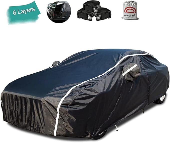 Waterproof Car Cover for Automobiles All Weather - Coverado Car Cover Heat Protection with Zipper Door, Cotton Backing Snowproof UV Protection Windproof, Universal Fit for Sedan (201"-210")