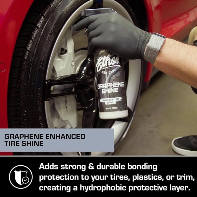 Ethos Graphene Shine - Trim & Tire Shine Spray, High Sheen, Non Greasy, Sling Free Finish! Conditions and Protects Rubber with UV Protection (16 Oz - 2Pack)
