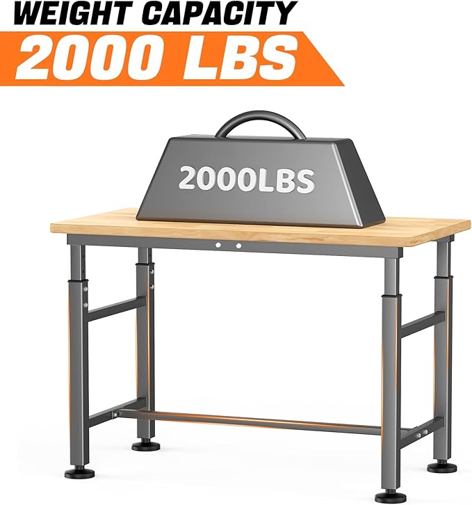 TORACK Adjustable Workbench with Rubberwood Top, 47.75" x 23.25" Heavy-Duty Garage Work Table, Height Adjustable 29"–41", Supports Up to 2000 lbs