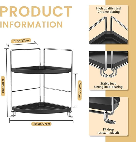 2-Tier Bathroom Organizer Countertop Corner - Makeup Organizer Cosmetic Perfume Holder Bedroom Storage Shelf or Kitchen Spice Rack (Chrome + Black)